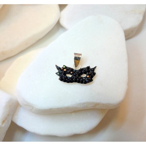 Sterling Silver Black Sequin CZ Face Mask Pendant - Masquerade-Unique Gift-FUN - Picture 3 of 7